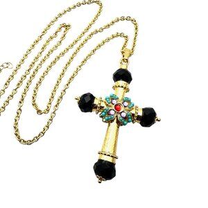 Jeweled Rhinestone Cross Pendant Necklace Gold Plated Black Glass Rhinestone